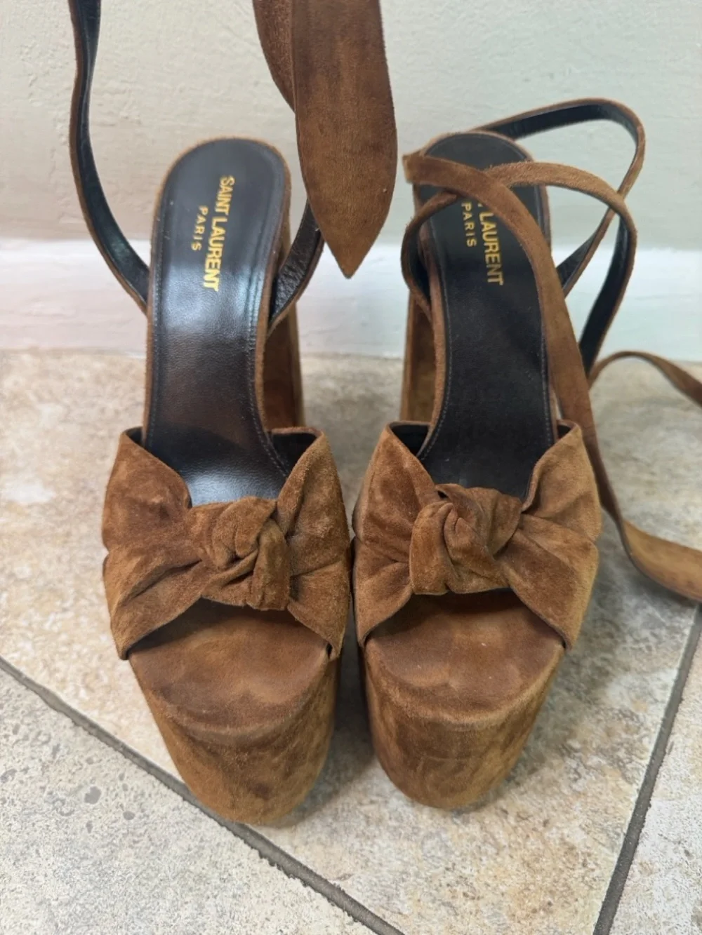 Saint Laurent Brown Suede Platform Sandals with Ankle Ties - Picture 5 of 5